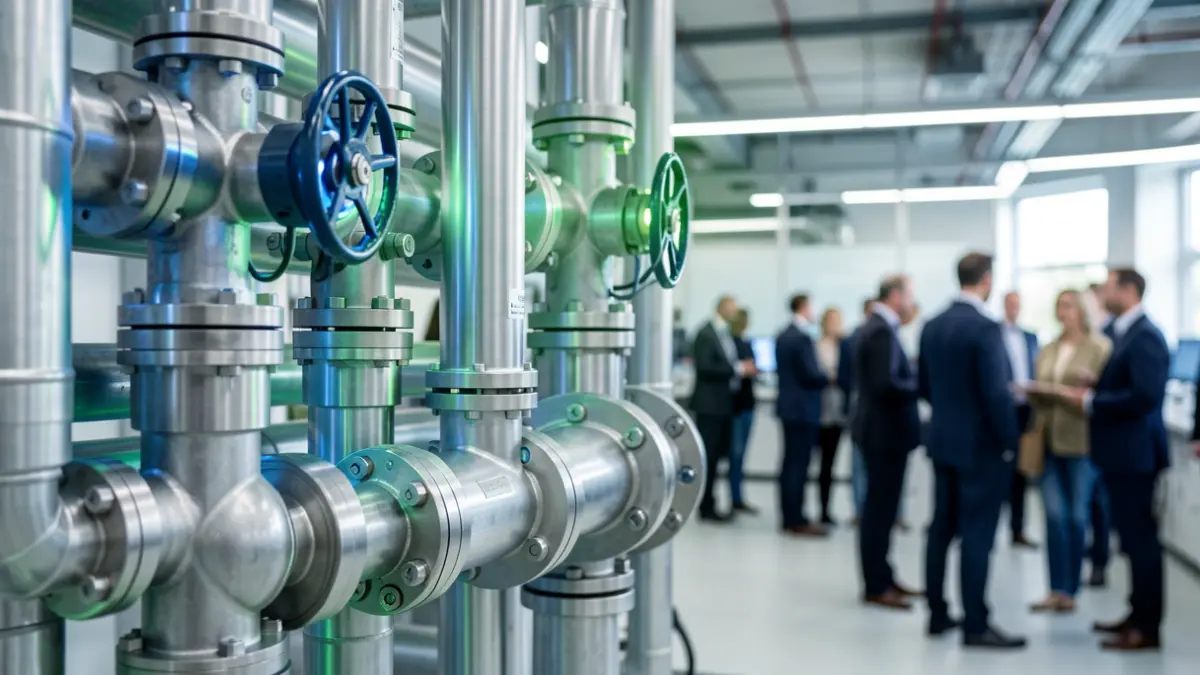 Generic image of industrial pipes and valves with a technological glow.