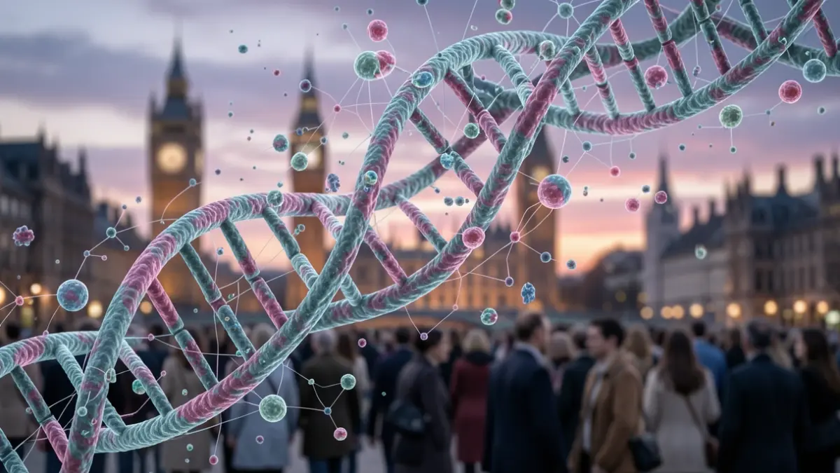 Abstract image representing biosecurity research with DNA strands and a blurred London skyline.