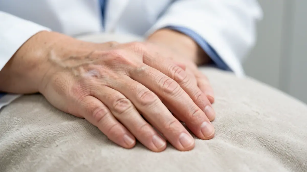 Generic image of a woman's hands showing subtle signs of joint stiffness.