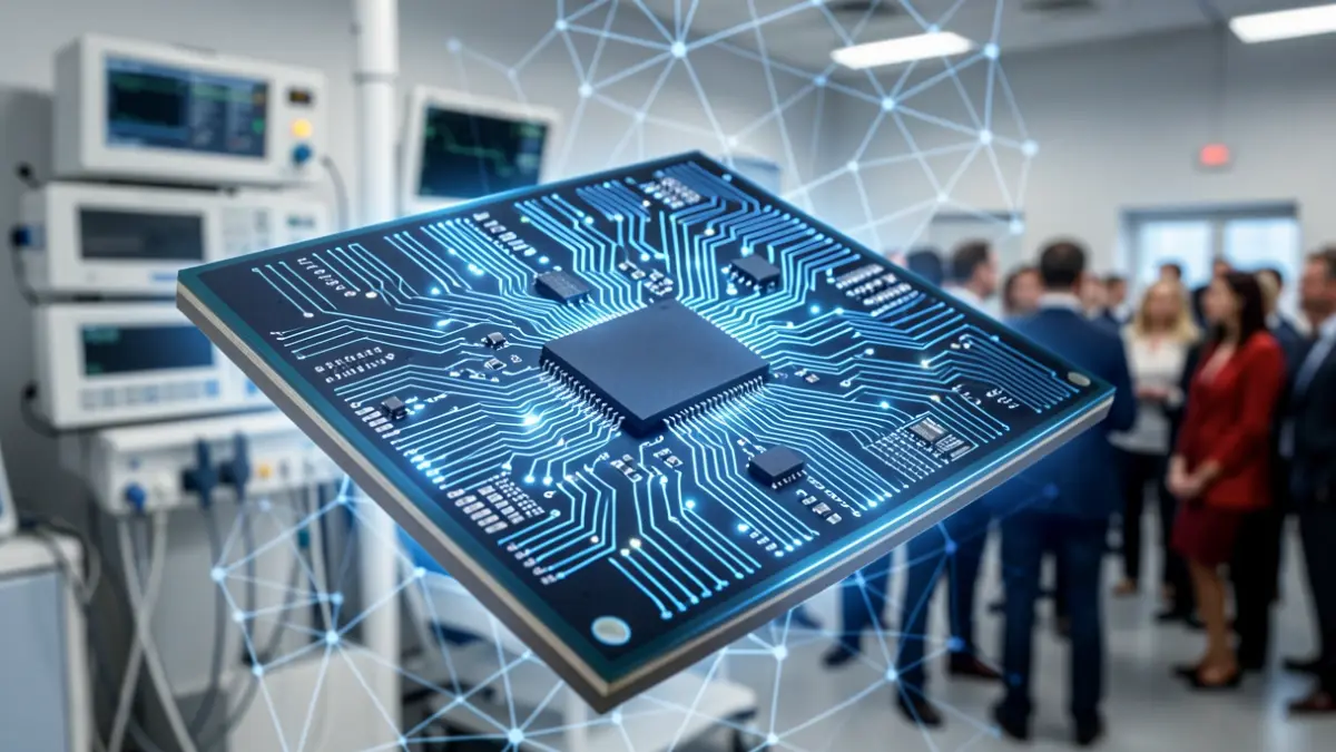 Close-up of an advanced semiconductor chip designed for neural interfaces.