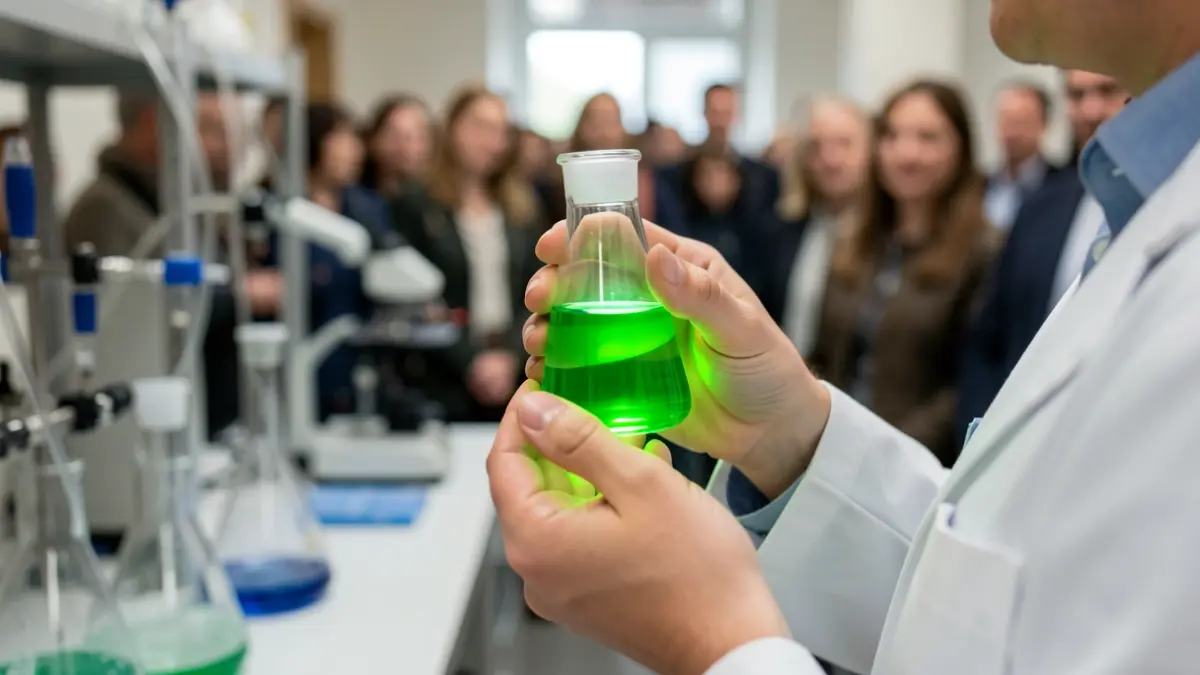 Generic image of a researcher's hands holding a glowing vial in a laboratory setting.