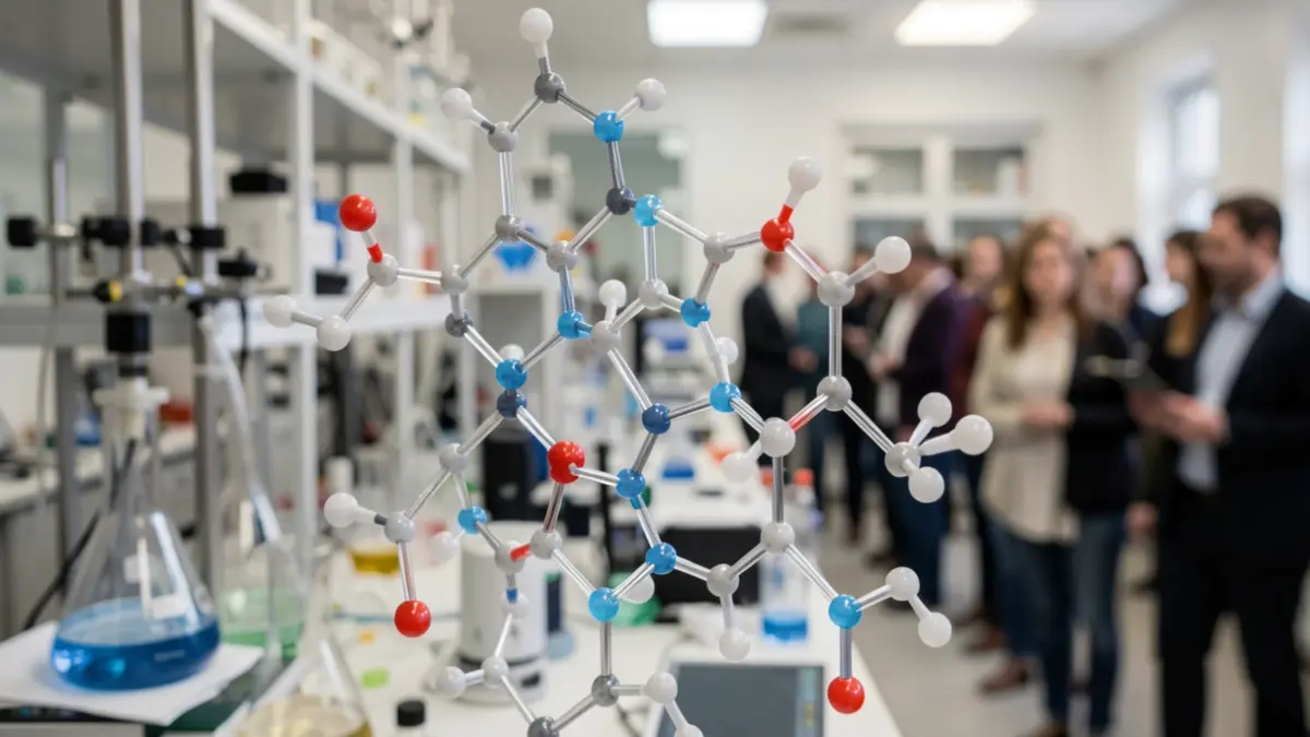 Generic image of a complex molecular structure with highlighted covalent bonds, against a blurred laboratory background.