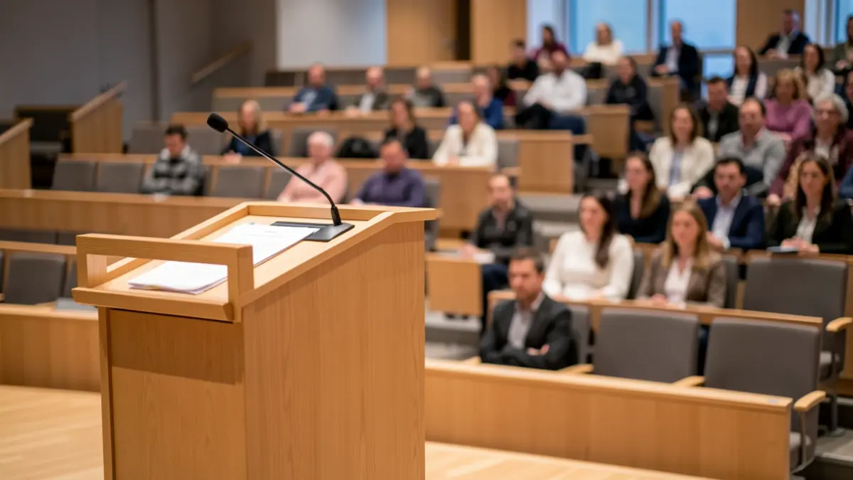 Generic image of a lecture hall with a lectern and audience.