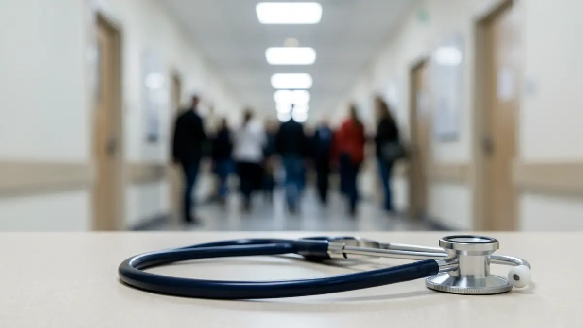 Generic image of a medical stethoscope on a blurred hospital background.