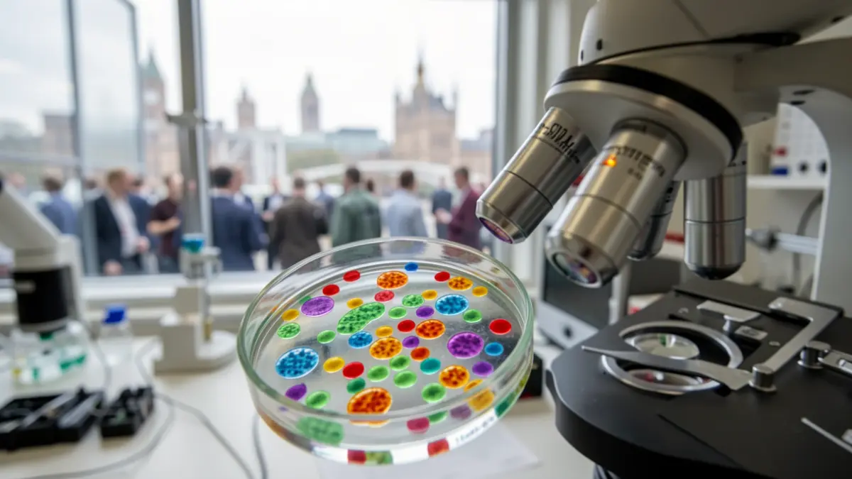 Microscope slide with cells and blurred London skyline.