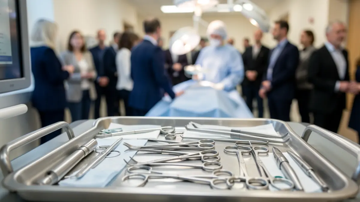 Generic image of sterile surgical instruments on a tray, with soft lighting and a blurred background.