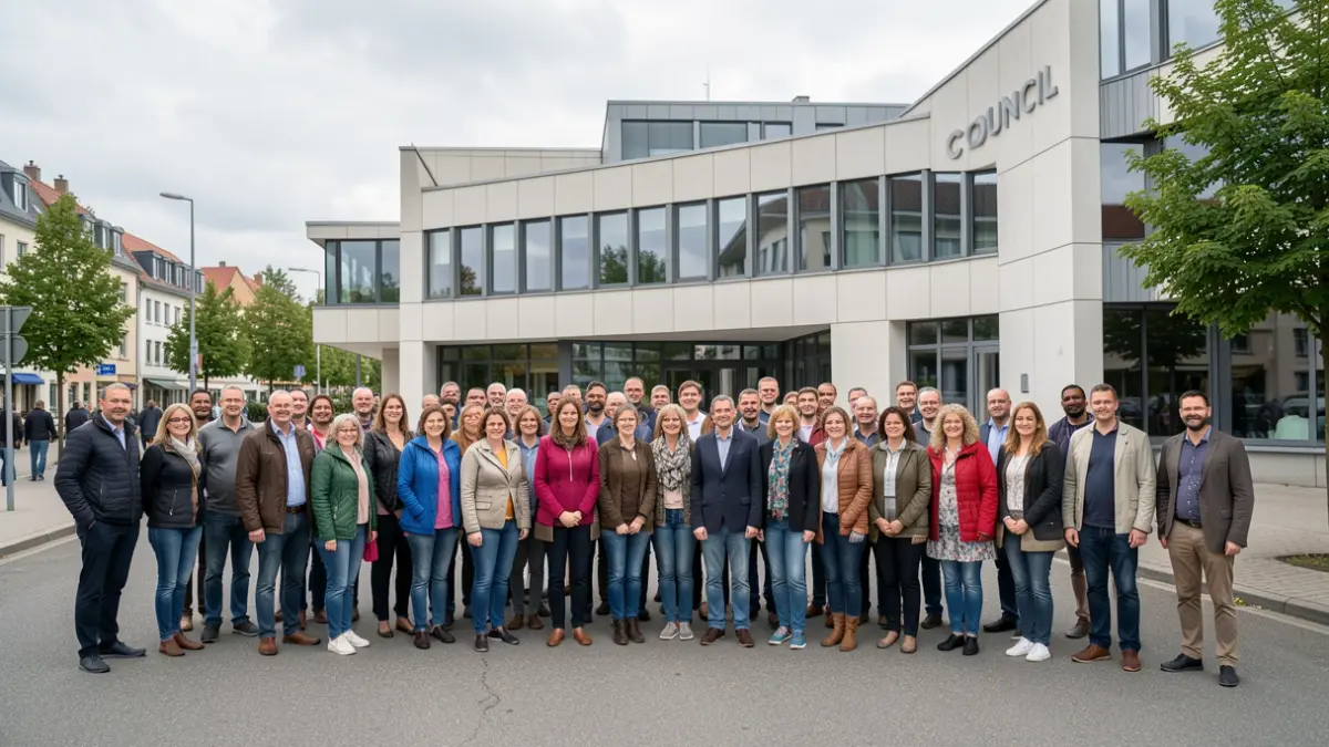 Generic image of a diverse group of people gathered in front of a council building, promoting community safety and unity.