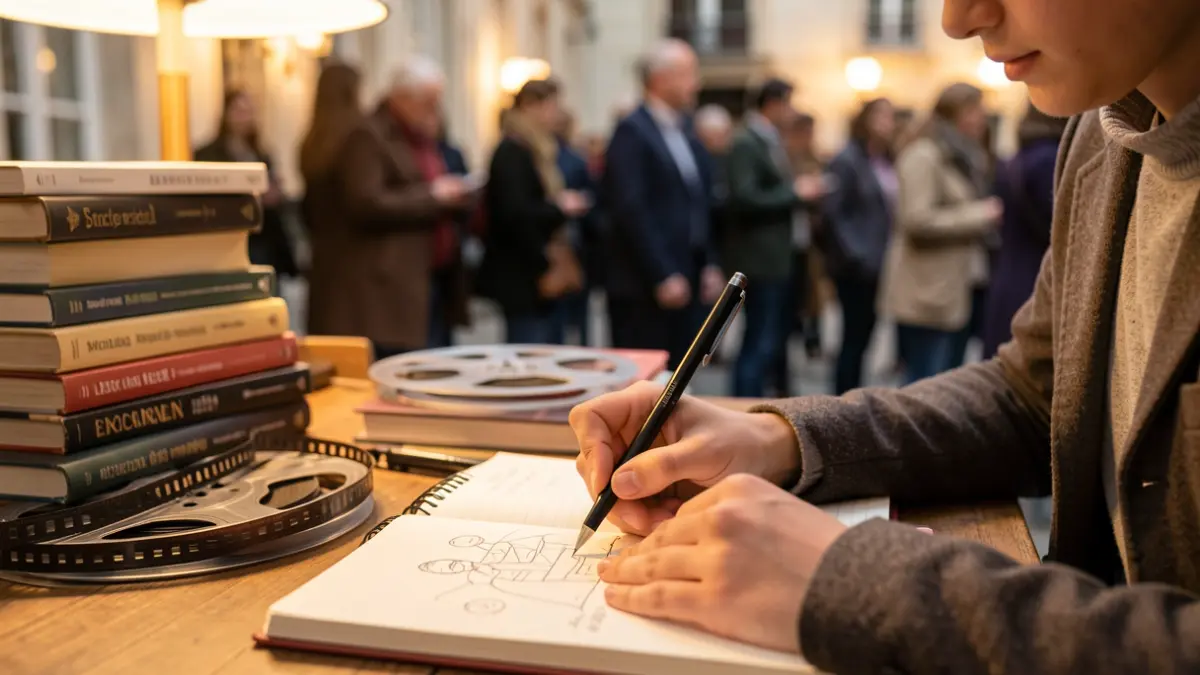 Generic image of a young person's hands sketching in a notebook, with a film reel and books blurred in the background.