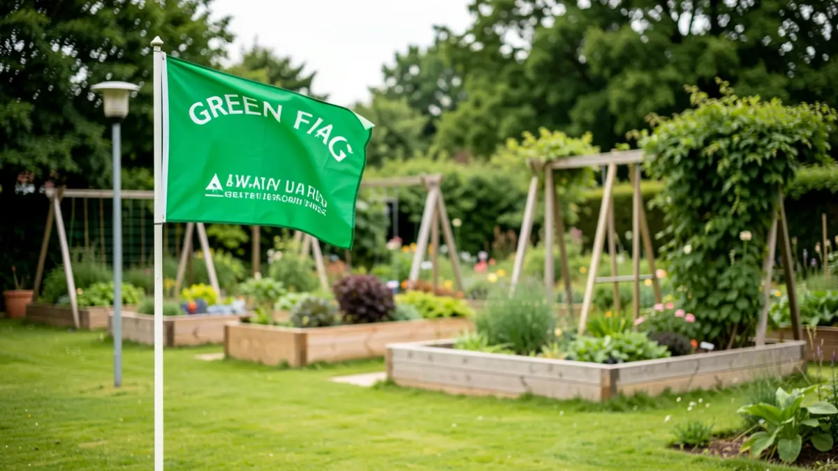 Generic image of a green park with a flag and a community garden.