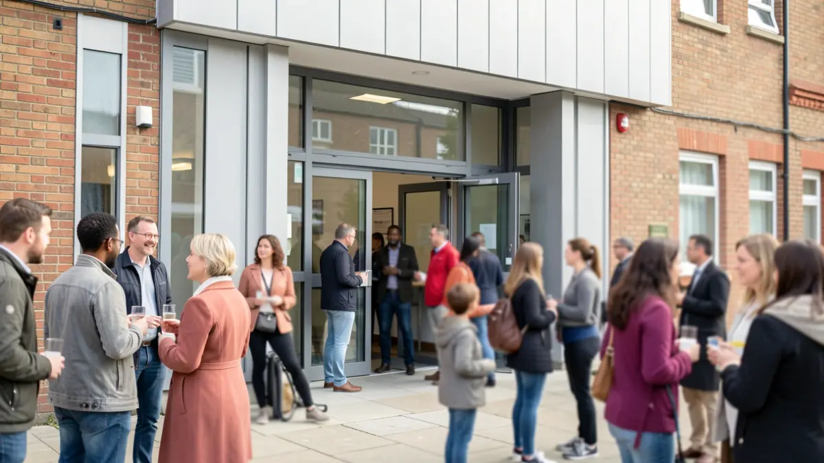 Generic image of a modern community centre facade with blurred people in the background.