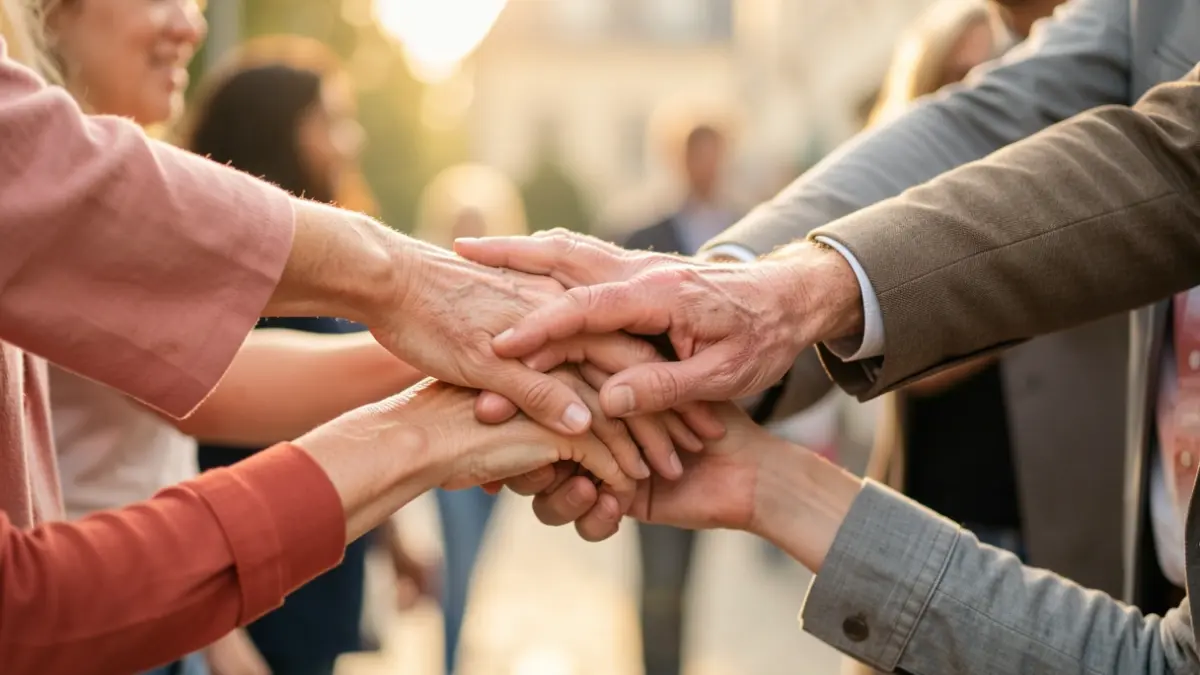 Diverse hands reaching towards each other in a supportive gesture, symbolising collaboration and shared experience in mental health support.