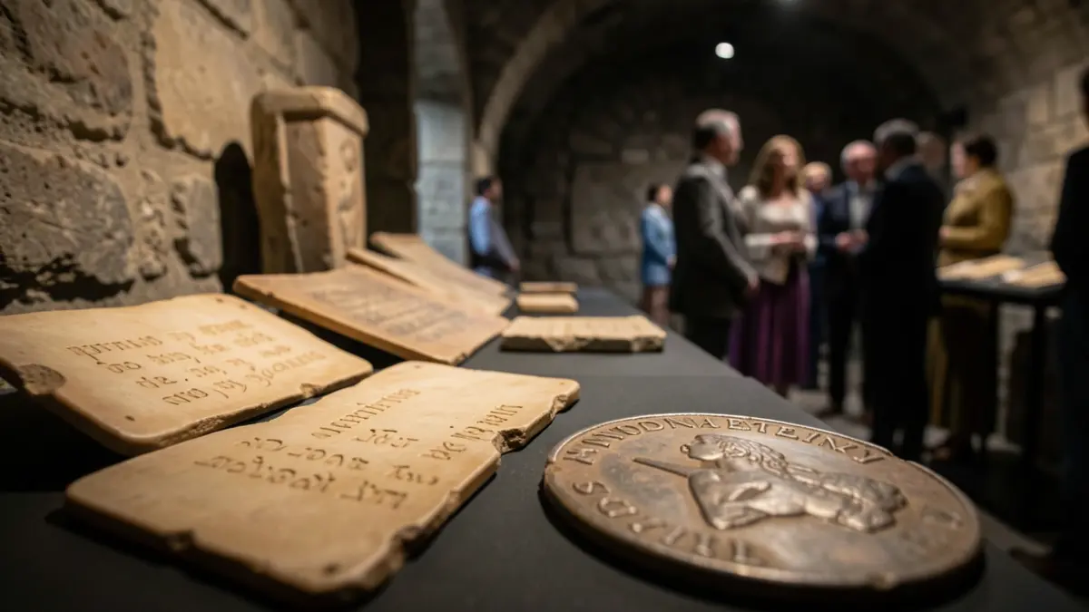 Close-up of Roman artefacts, including wax writing tablets and a coin, displayed in a dimly lit underground vault.