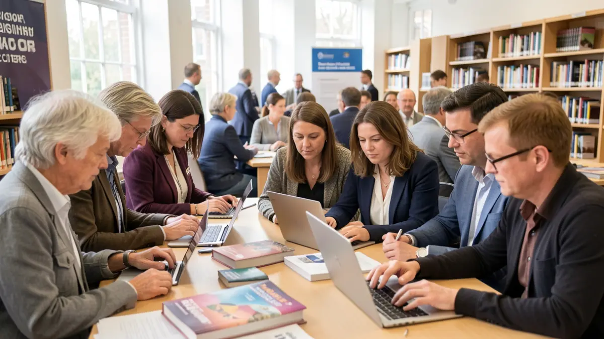Diverse group of Londoners working on business ideas in a library.