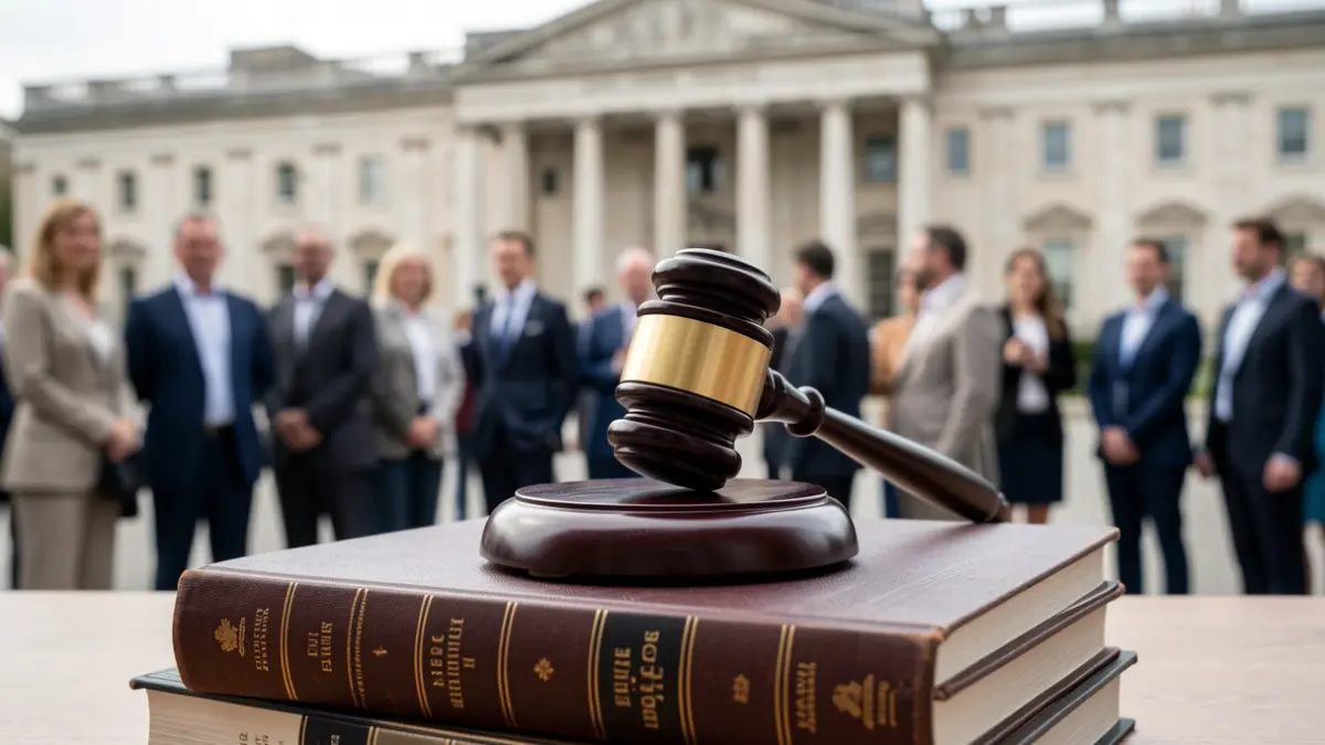 A gavel rests on legal books in front of the Supreme Court building.