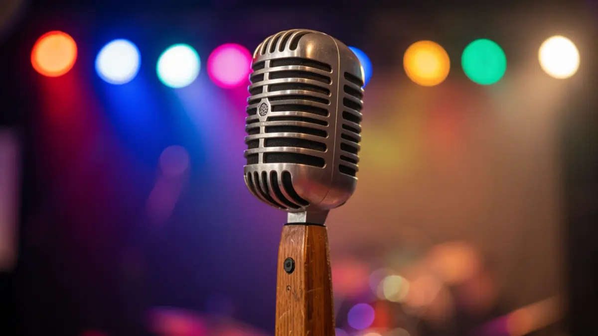 Generic image of a vintage microphone on a stand with blurred stage lights.