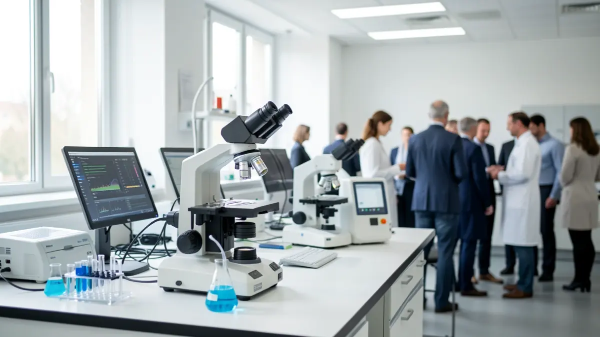 Modern medical technology and laboratory equipment in a collaborative research setting.