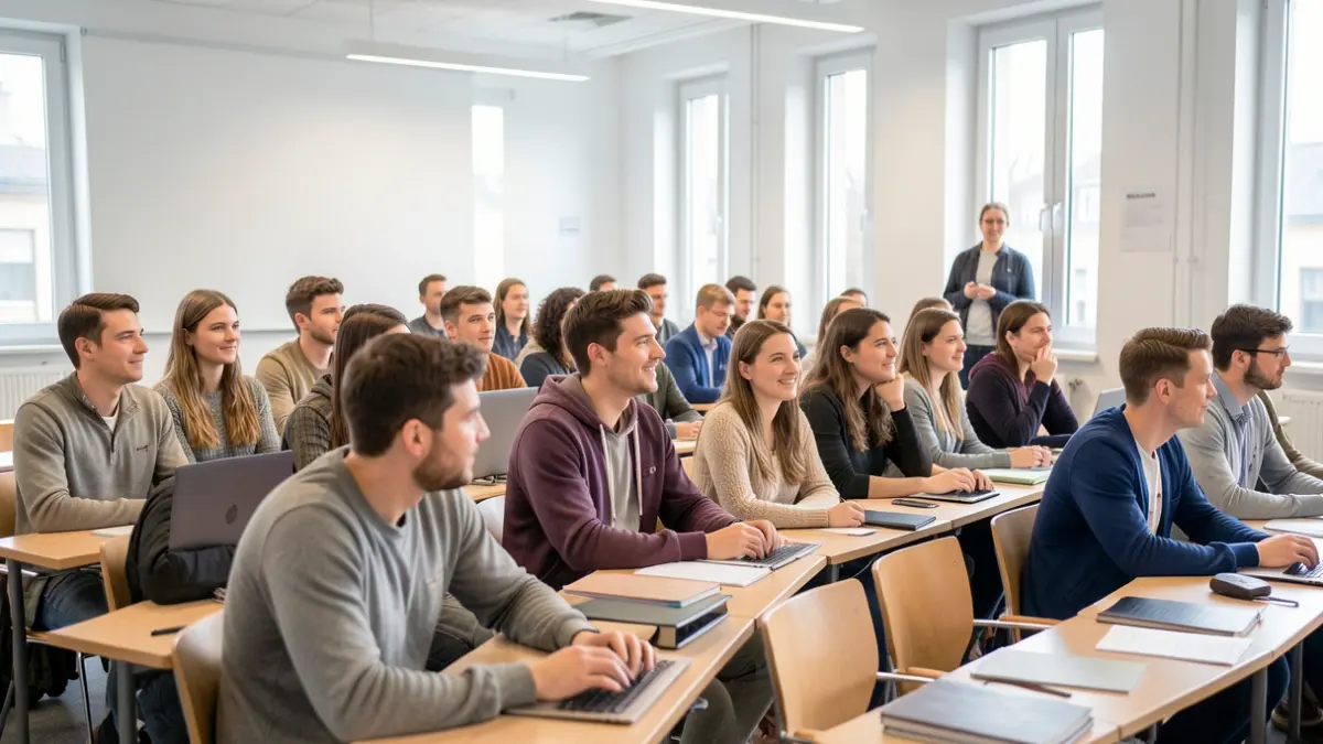 Generic image of a diverse group of students and professionals in a modern lecture hall, engaged in a presentation.