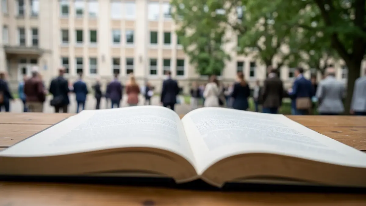 An open book on a desk with a university building in the background.