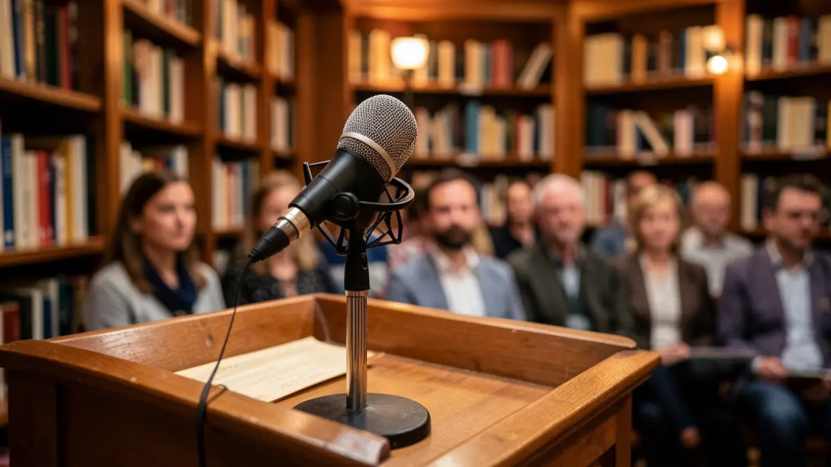 Generic image of a microphone on a lectern with blurred bookshelves in the background.