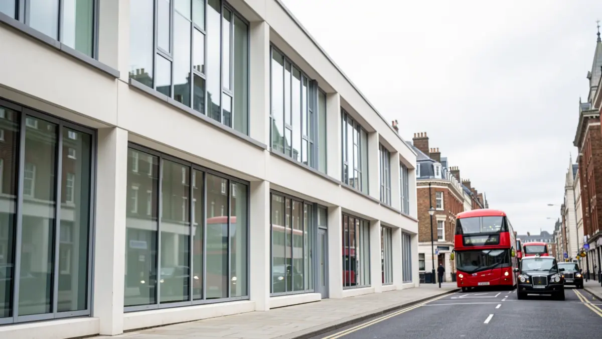 Generic image of a modern college building in London with red buses and black cabs in the background.