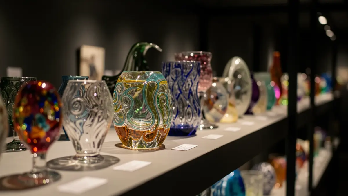 Generic image of intricate glass art pieces displayed on shelves in a dimly lit exhibition space, with blurred background.