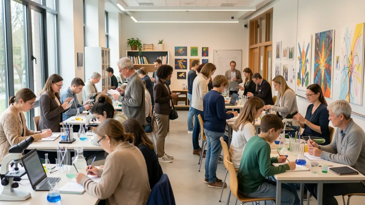 Generic image of a diverse group of students and adults participating in educational activities in a college setting.