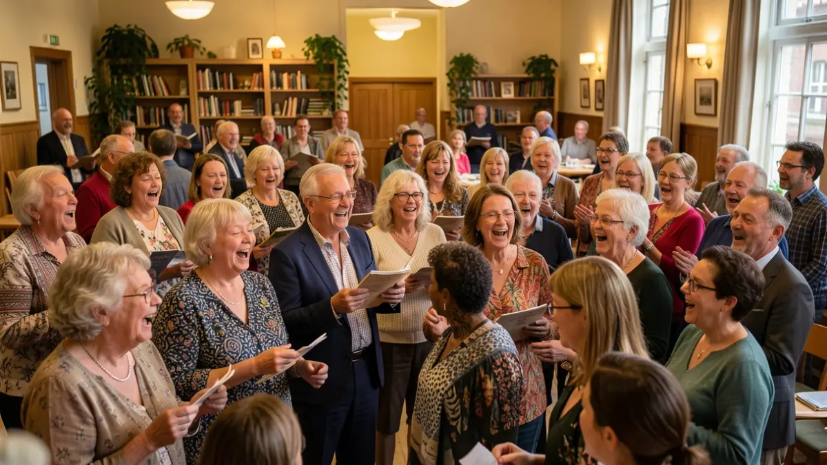 Generic image of a diverse group of people singing together in a community hall.