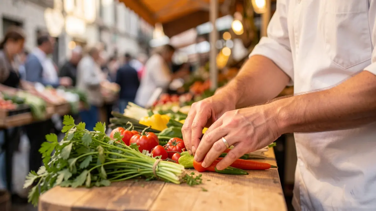 Close-up of hands arranging fresh produce on a market stall.