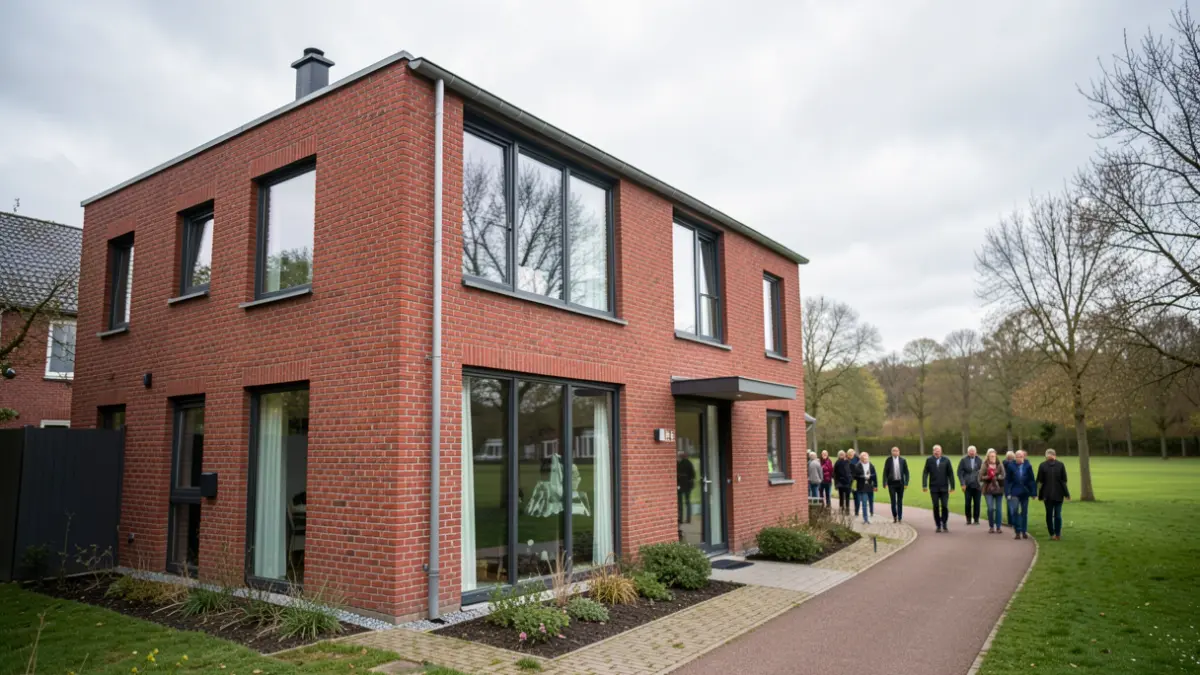 Generic image of a newly built red-brick family home with large windows, a public footpath and a blurred green park in the background.