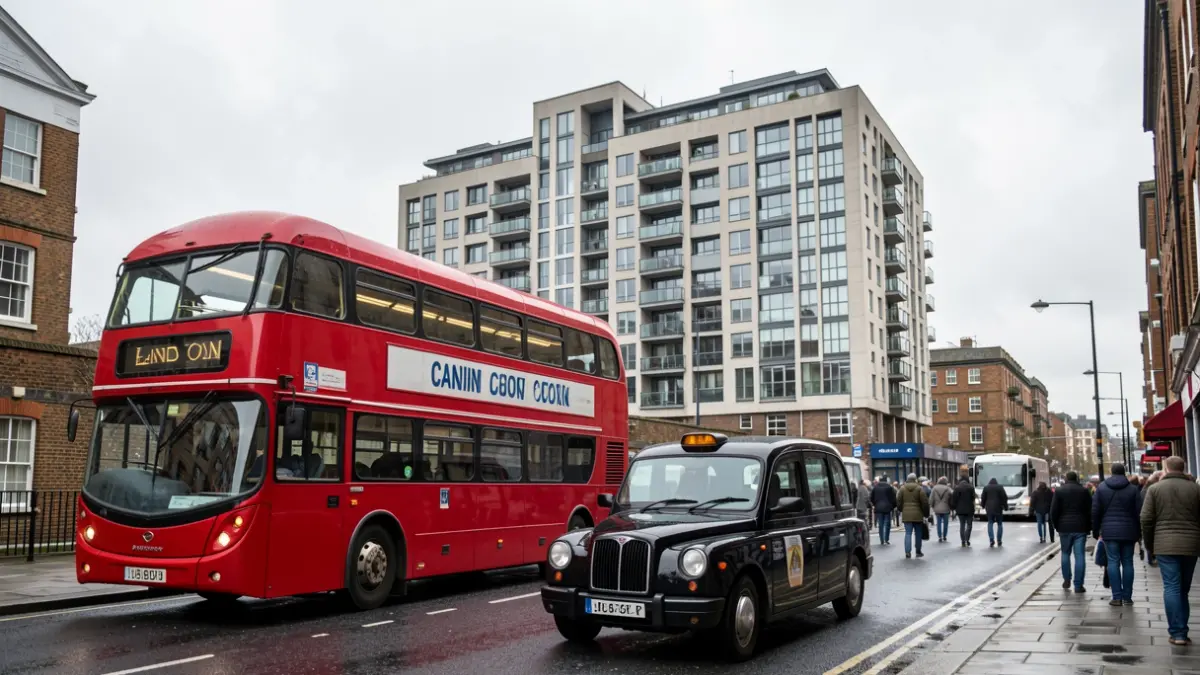 Generic image of a London street scene with a red bus and black cab, featuring a residential tower block under a grey sky.