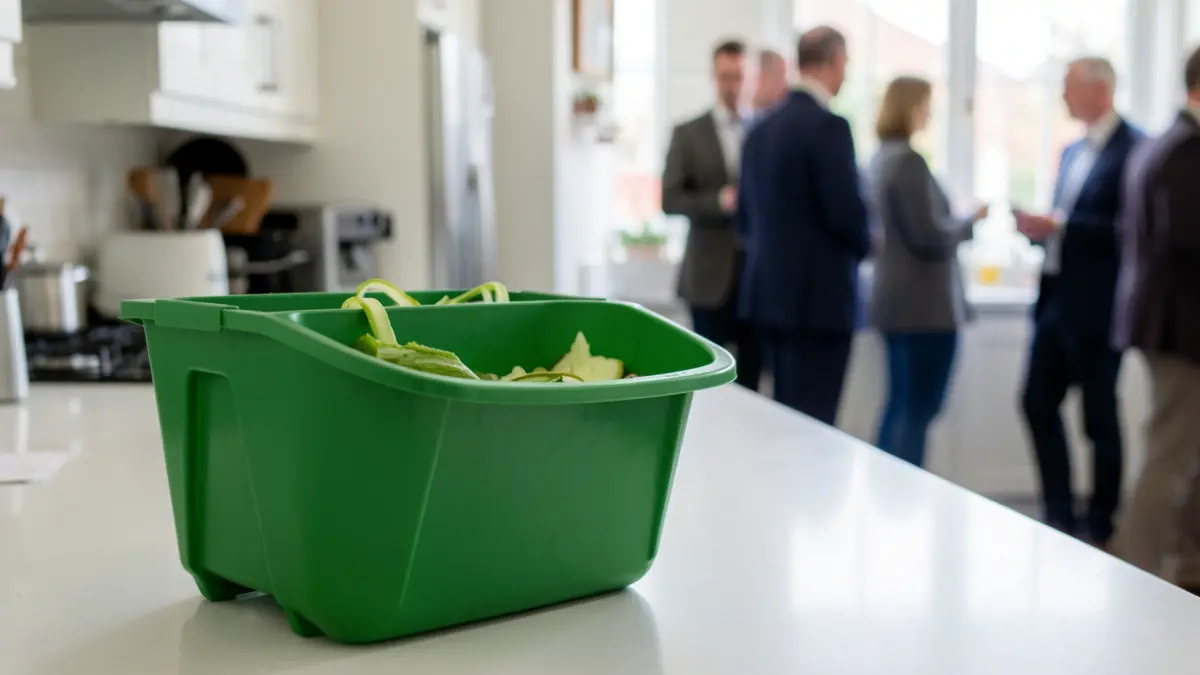 Generic image of a food waste caddy with kitchen scraps on a counter.