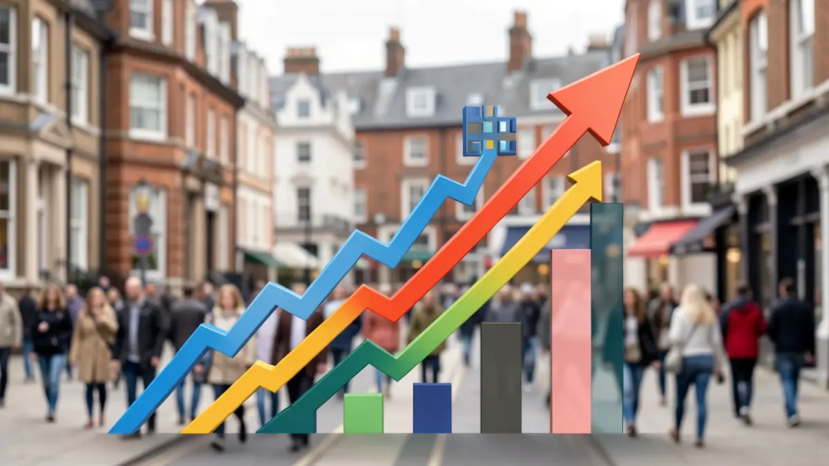 Generic image of abstract upward trending graphs and symbolic elements of construction and community.