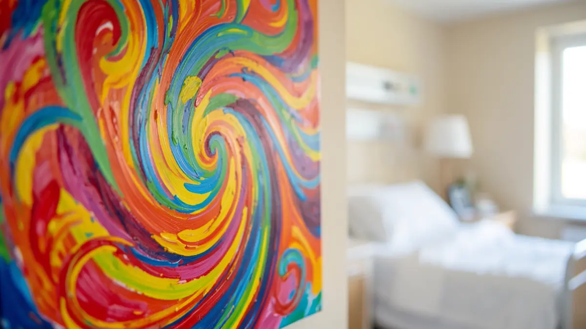 Generic image of a colourful, abstract painting with swirling patterns and bright hues, set against a softly blurred background of a hospital room.