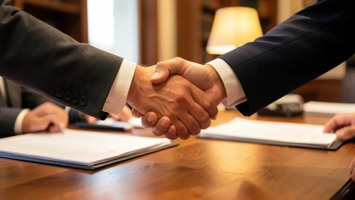 Two hands shaking over a desk, symbolising support and professional connection.