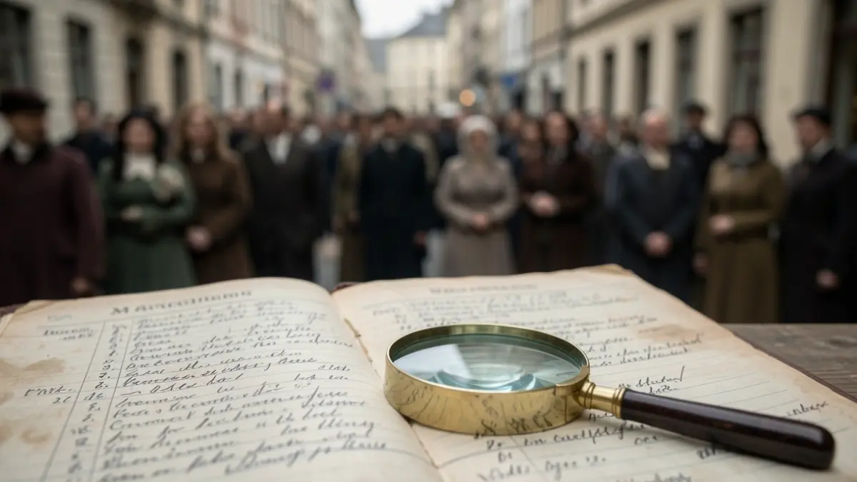 Generic image of a vintage medical register book with handwritten entries and a magnifying glass.