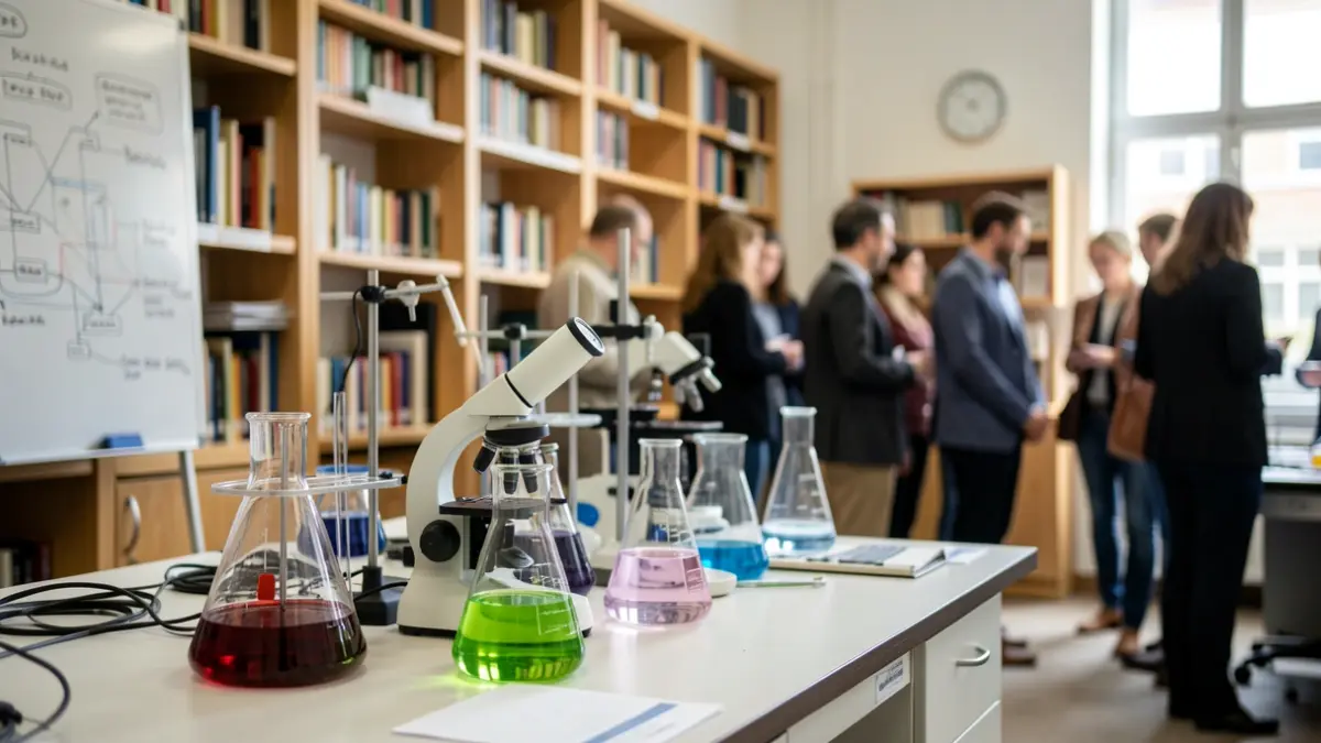 University research laboratory desk with scientific equipment.
