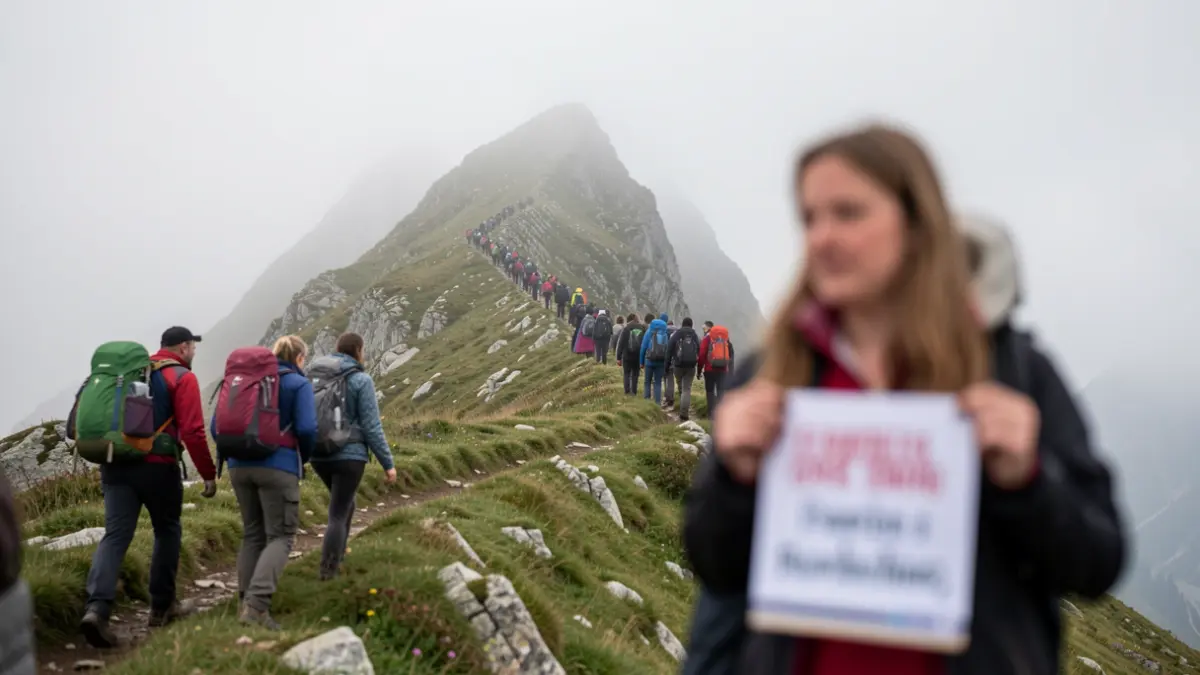 Generic image of hikers on a mountain summit with a fundraising sign.