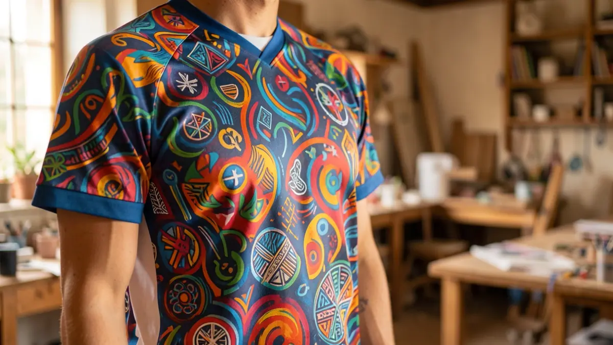 A custom-designed football shirt with abstract patterns, representing community and identity.