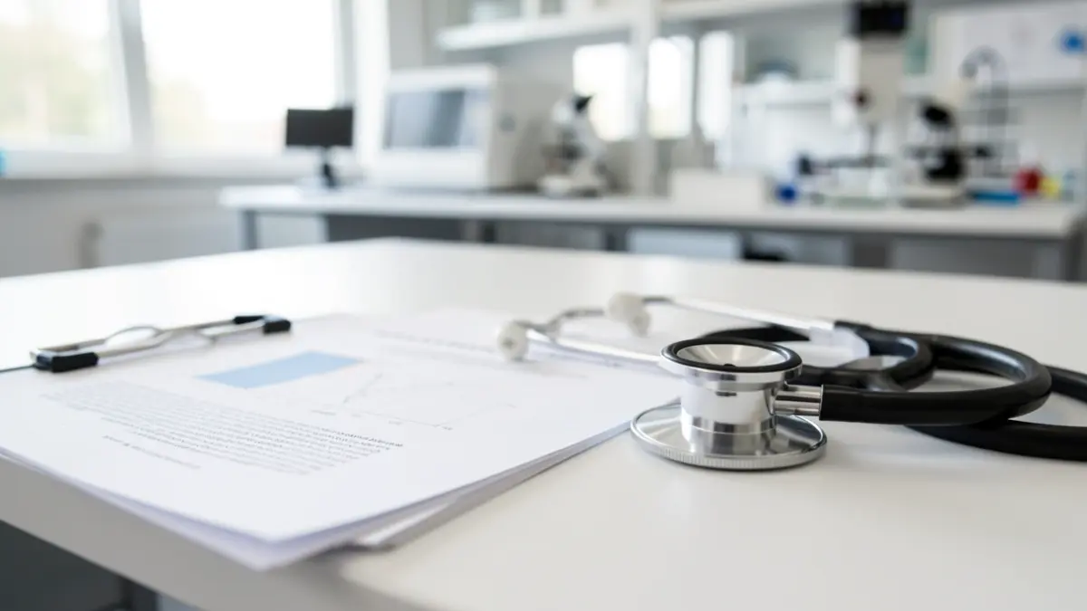 Generic image of medical research papers and a stethoscope on a desk.
