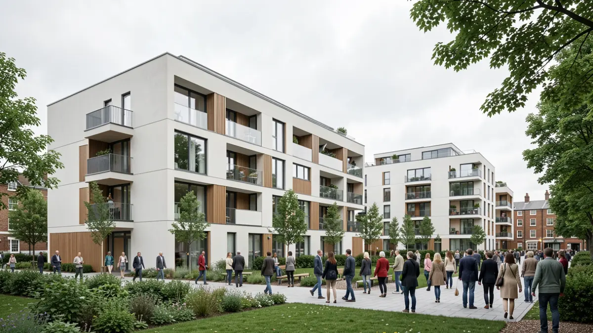Generic image of a modern, award-winning affordable housing development with sustainable design features.