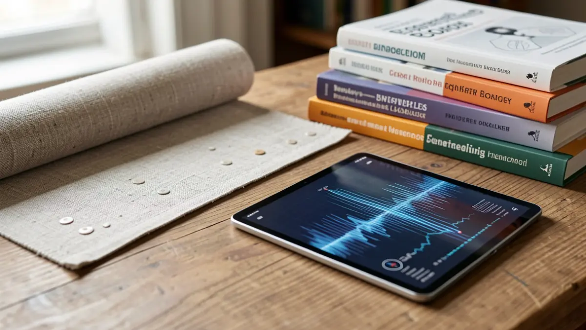 Generic image of diverse research materials including textiles, digital displays, and books on a desk.