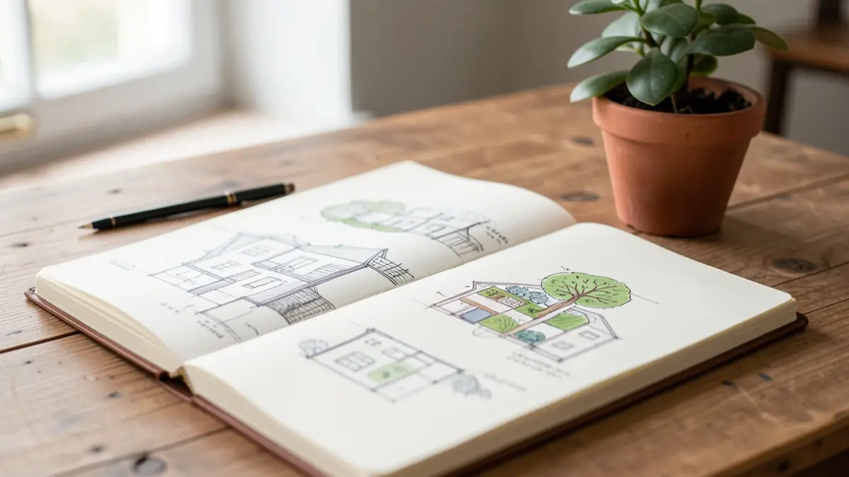 Sketchbook with architectural and ecological drawings, representing the work of a Royal College of Art student.