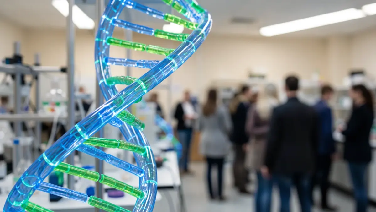 Generic image of a DNA helix model with glowing strands, set against a blurred background of laboratory equipment.