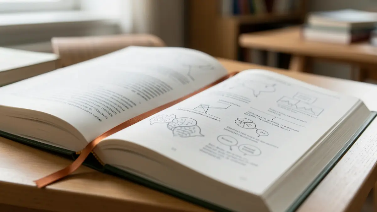 Generic image of a university textbook with a bookmark, pages showing diagrams related to psychology and counselling.