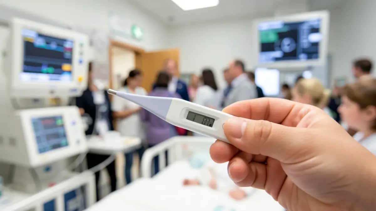 Generic image of a baby's hand holding a medical thermometer in a hospital setting.