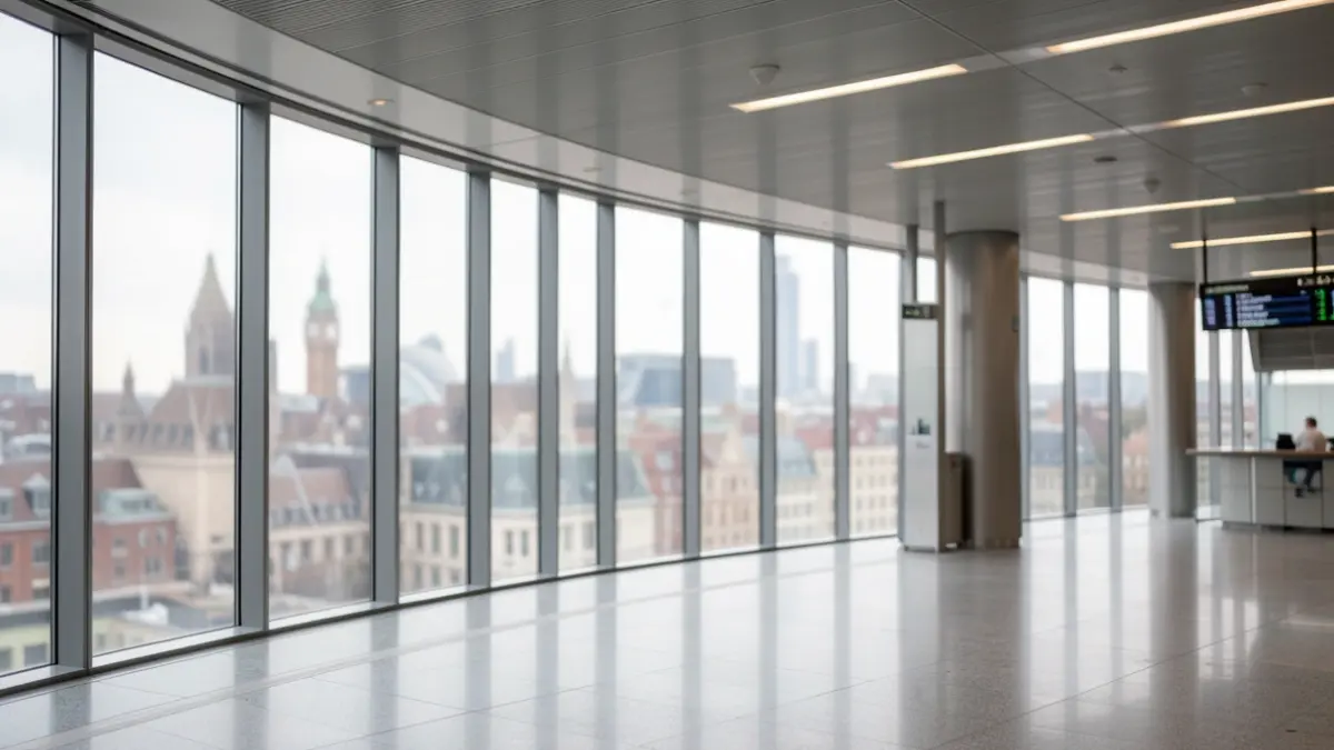 Generic image of a modern train station interior with blurred city skyline visible through large windows.