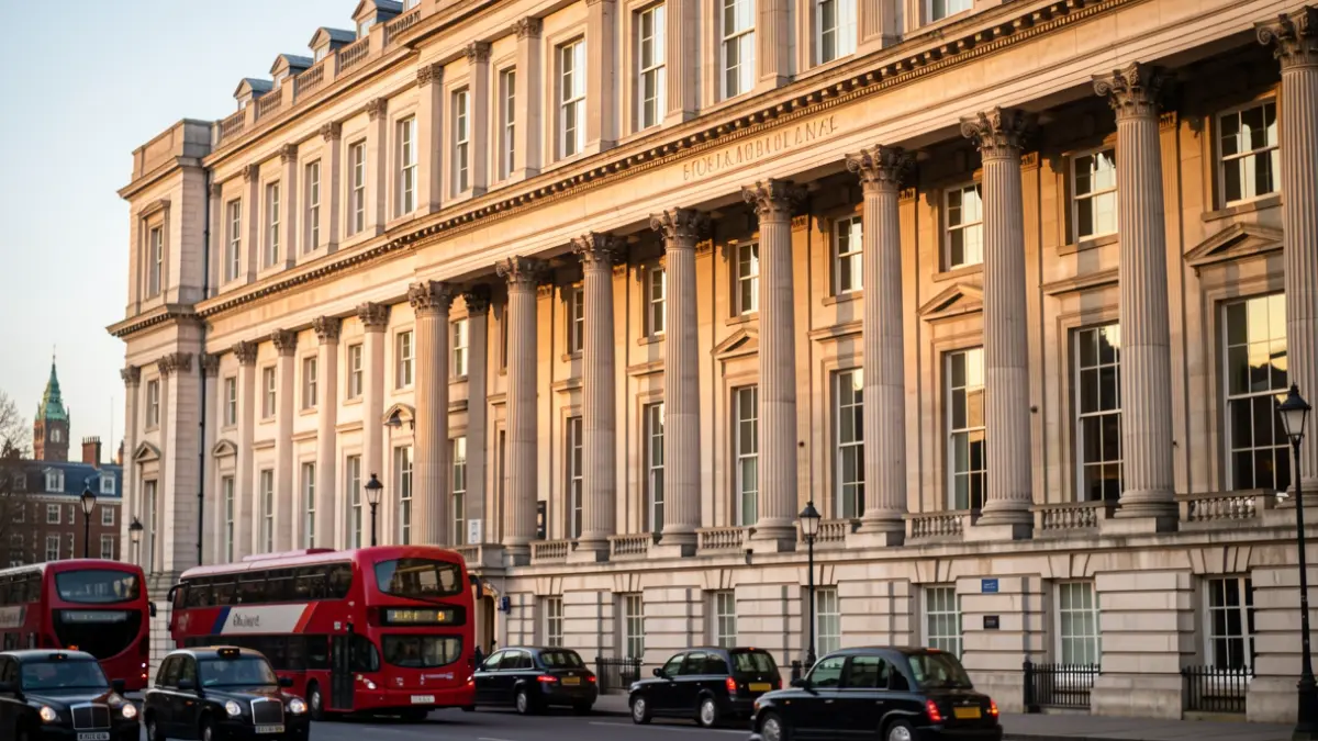 Generic image of a historic building facade with classical columns and large windows, bathed in warm afternoon light.