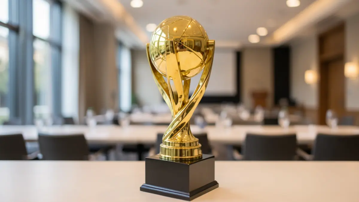 A golden award trophy, representing business success.