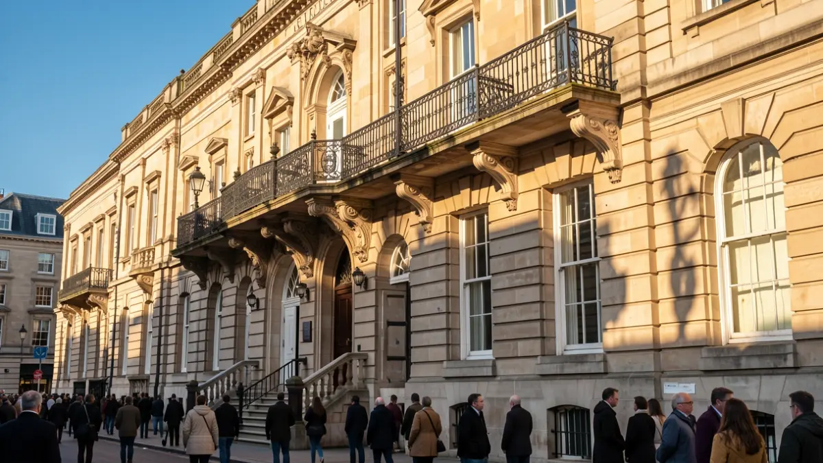 Generic image of a town hall facade with a balcony and blue sky.