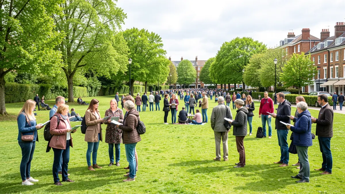 Generic image of a community workshop in a park setting, with people discussing environmental topics.